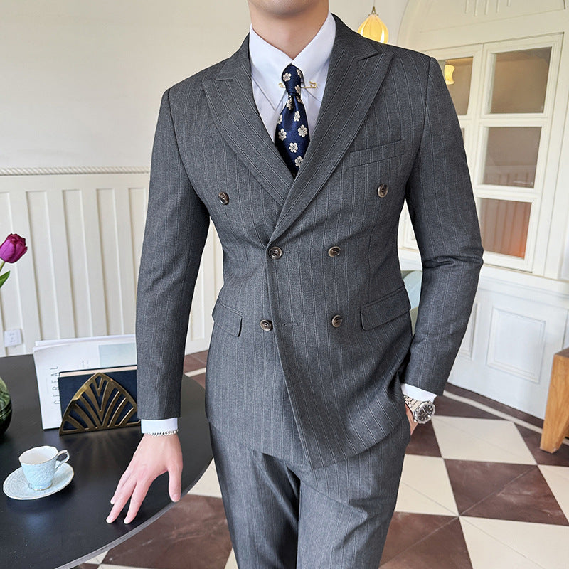 Peak-lapel Coat With Double-breasted Design Textured Stripes And A Three-piece Set