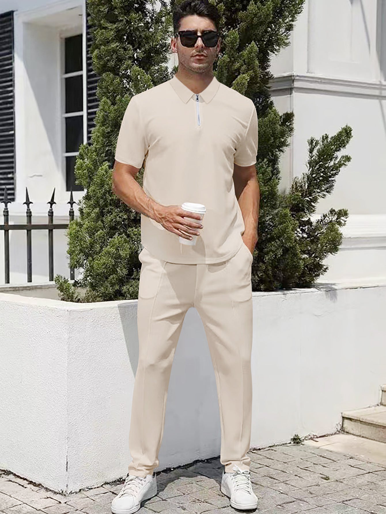 Summer Lightweight Zip Front Pants And Short Sleeve Top Set