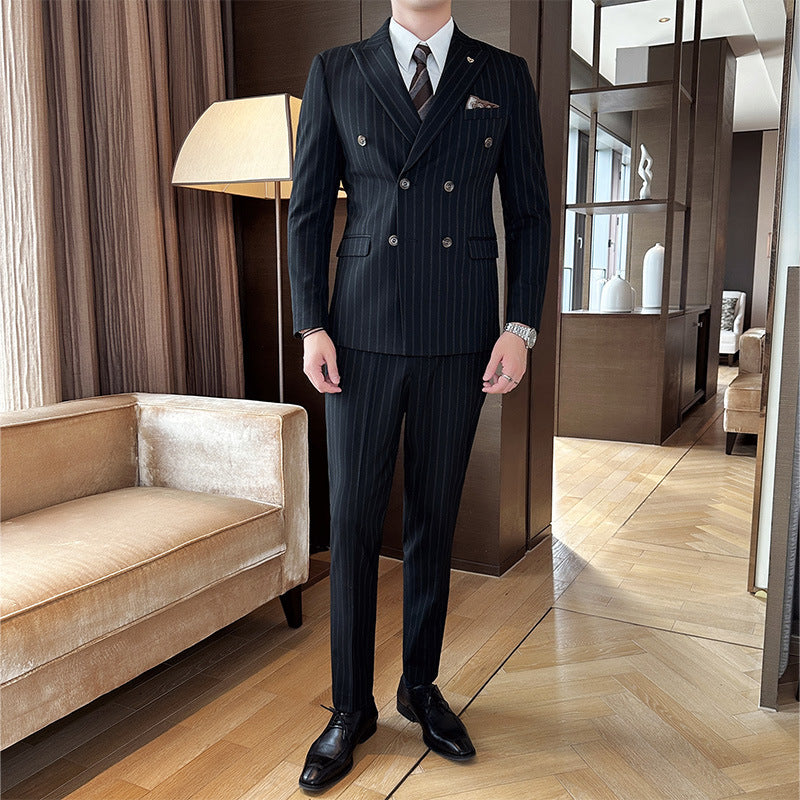 Peak-lapel Coat With Double-breasted Design Textured Stripes And A Three-piece Set