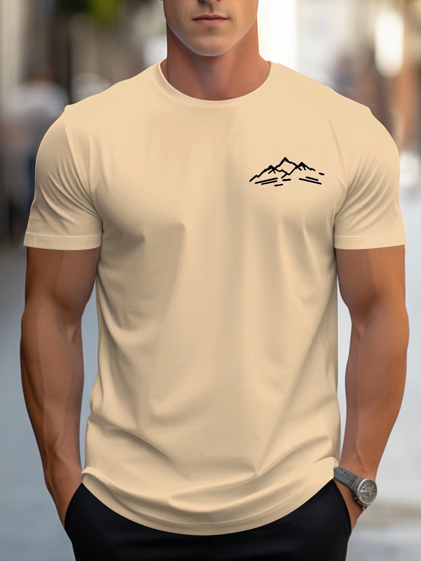 Cotton Relaxed Fit Mountain Pattern Printed Crew Neck Short Sleeve T Shirt For Sports