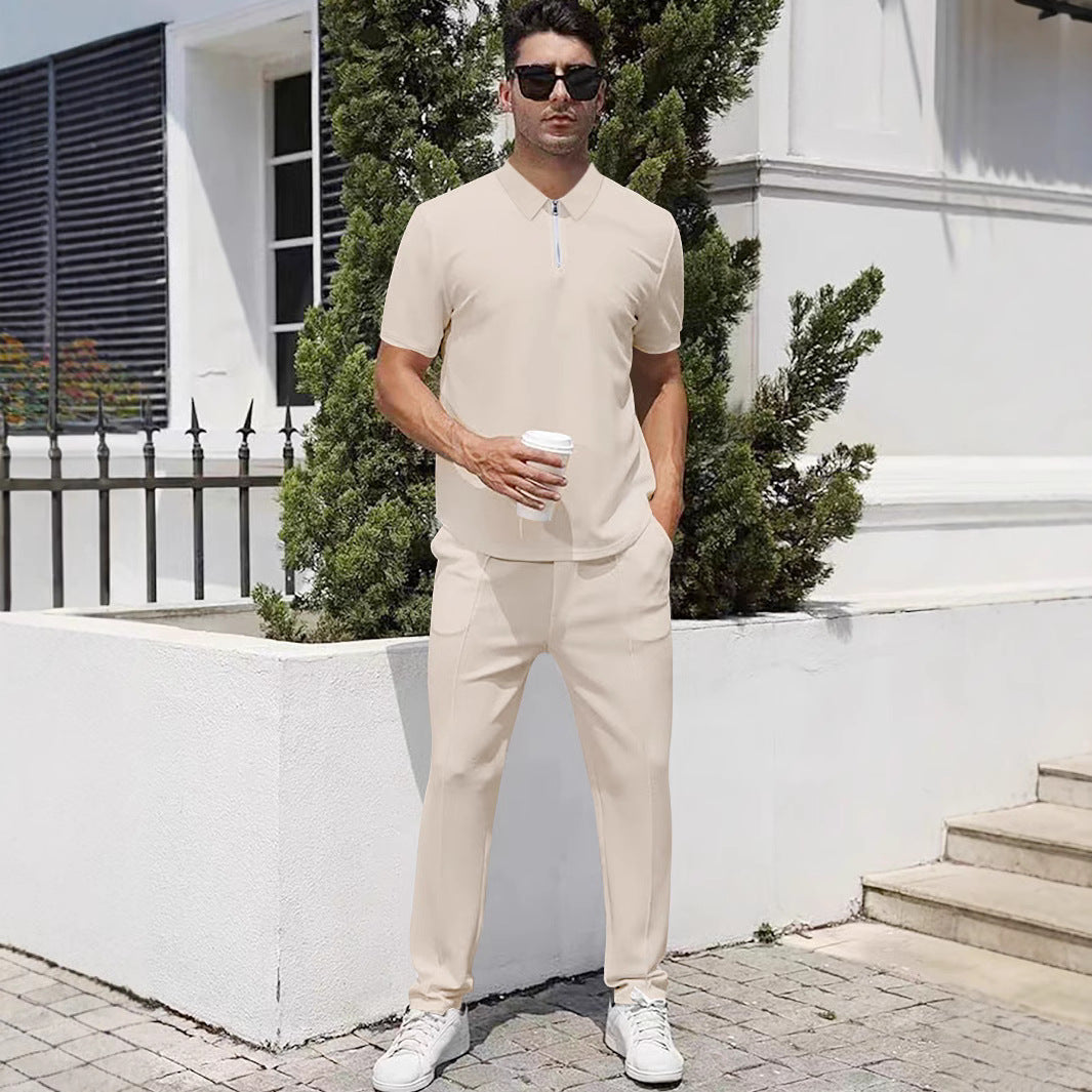 Summer Lightweight Zip Front Pants And Short Sleeve Top Set