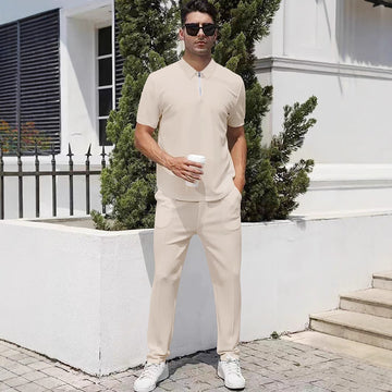 Summer Lightweight Zip Front Pants And Short Sleeve Top Set