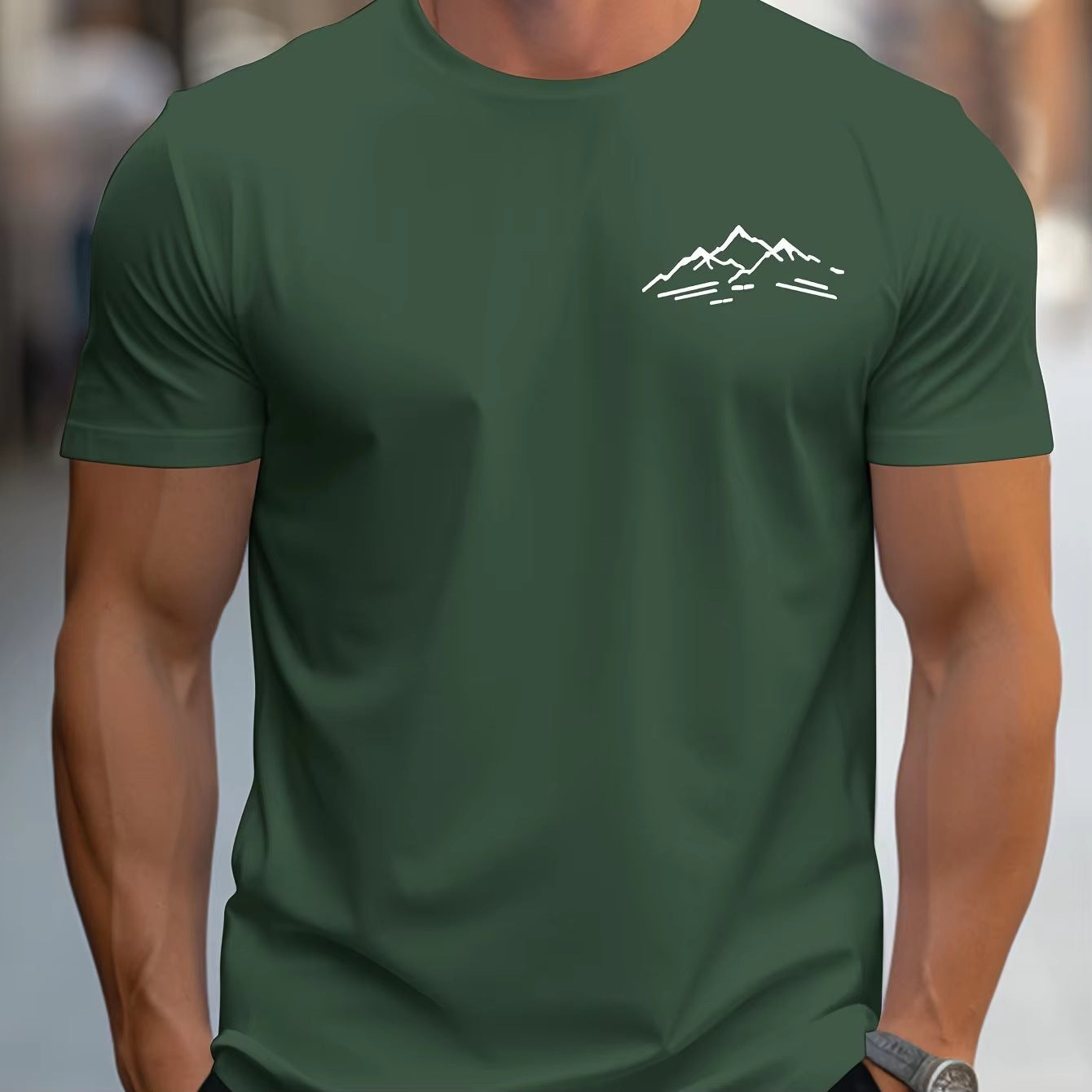 Cotton Relaxed Fit Mountain Pattern Printed Crew Neck Short Sleeve T Shirt For Sports