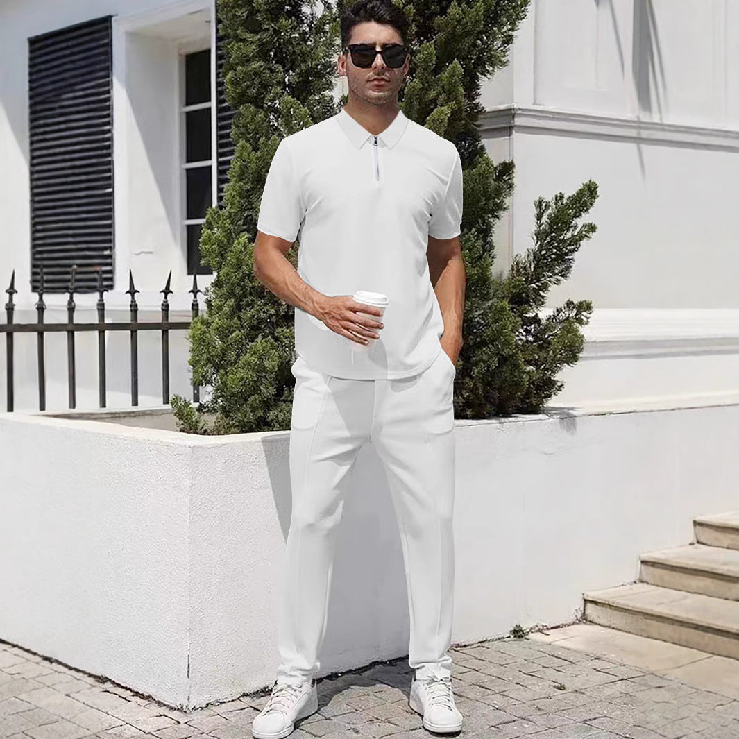 Summer Lightweight Zip Front Pants And Short Sleeve Top Set