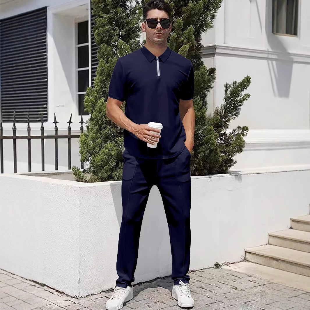 Summer Lightweight Zip Front Pants And Short Sleeve Top Set